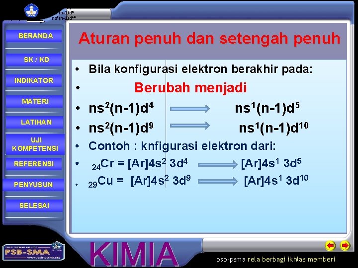 Bila konfigurasi elektron berakhir pada Berubah menjadi ns 2(n-1)d 4 ns 1(n-1)d 5 ns