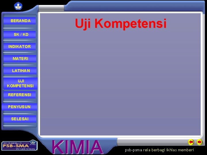 BERANDA Uji Kompetensi SK / KD INDIKATOR MATERI LATIHAN UJI KOMPETENSI REFERENSI PENYUSUN SELESAI