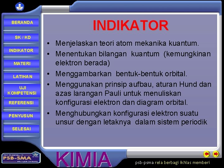 BERANDA SK / KD INDIKATOR MATERI LATIHAN UJI KOMPETENSI REFERENSI PENYUSUN INDIKATOR • Menjelaskan