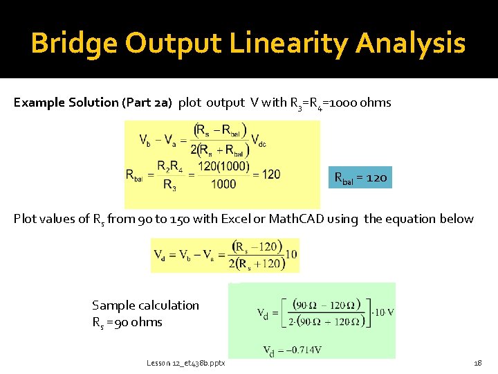 Bridge Output Linearity Analysis Example Solution (Part 2 a) plot output V with R