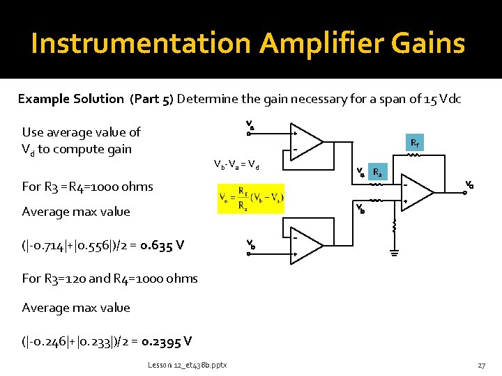 Instrumentation Amplifier Gains Example Solution (Part 5) Determine the gain necessary for a span