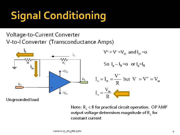 Signal Conditioning Voltage-to-Current Converter V-to-I Converter (Transconductance Amps) IR V+ = V- =Vin and