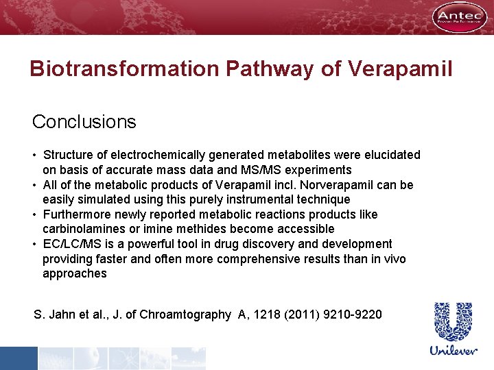 Biotransformation Pathway of Verapamil Conclusions • Structure of electrochemically generated metabolites were elucidated on