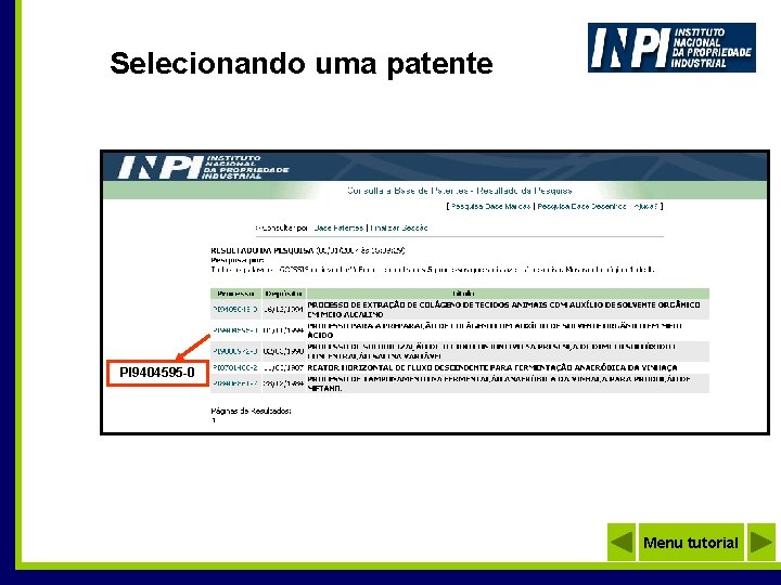 Selecionando uma patente PI 9404595 -0 Menu tutorial 