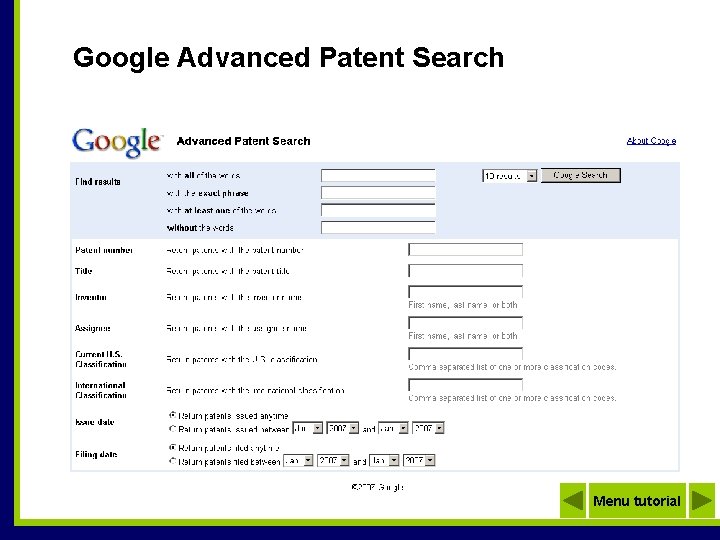 Google Advanced Patent Search Menu tutorial 