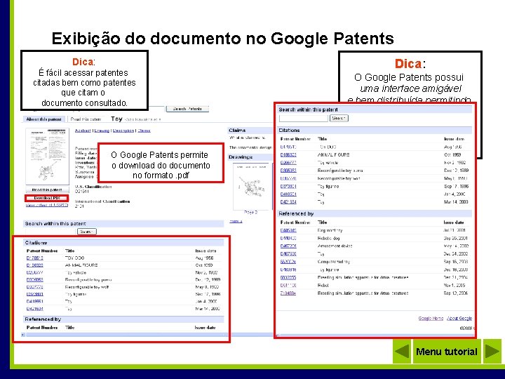Exibição do documento no Google Patents Dica: É fácil acessar patentes citadas bem como