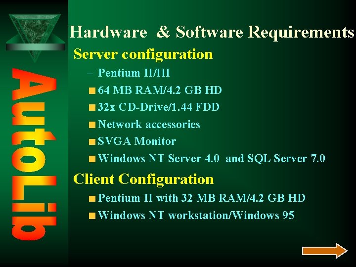 Hardware & Software Requirements Server configuration – Pentium II/III 64 MB RAM/4. 2 GB