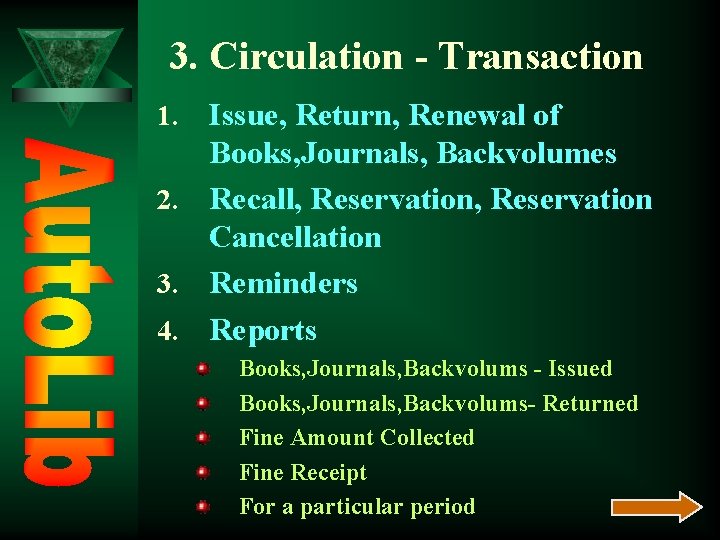 3. Circulation - Transaction Issue, Return, Renewal of Books, Journals, Backvolumes 2. Recall, Reservation