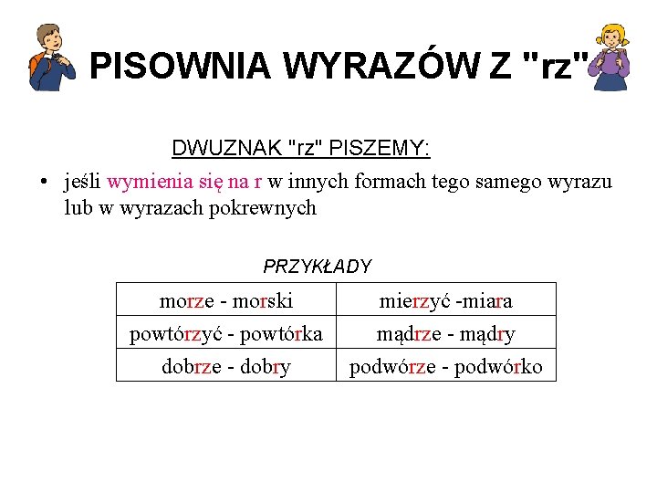 PISOWNIA WYRAZÓW Z "rz" DWUZNAK "rz" PISZEMY: • jeśli wymienia się na r w