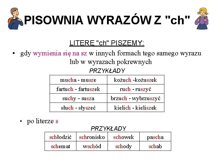 PISOWNIA WYRAZÓW Z "ch" LITERĘ "ch" PISZEMY: • gdy wymienia się na sz w