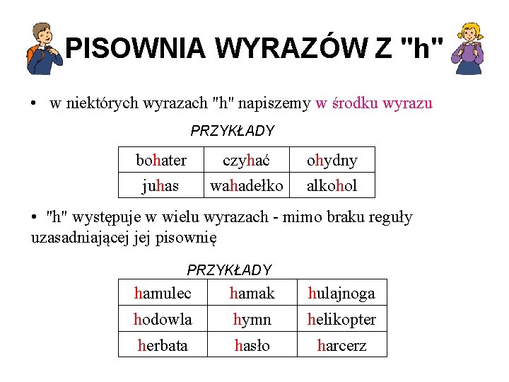 PISOWNIA WYRAZÓW Z "h" • w niektórych wyrazach "h" napiszemy w środku wyrazu PRZYKŁADY