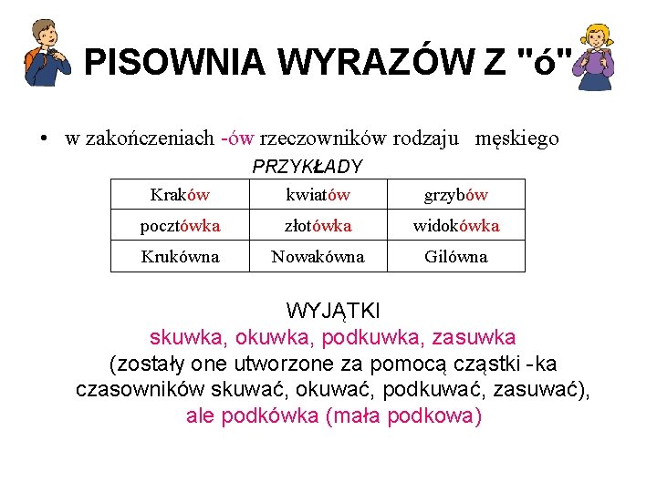 PISOWNIA WYRAZÓW Z "ó" • w zakończeniach -ów rzeczowników rodzaju męskiego Kraków PRZYKŁADY kwiatów