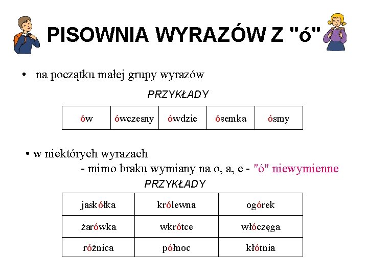 PISOWNIA WYRAZÓW Z "ó" • na początku małej grupy wyrazów PRZYKŁADY ów ówczesny ówdzie