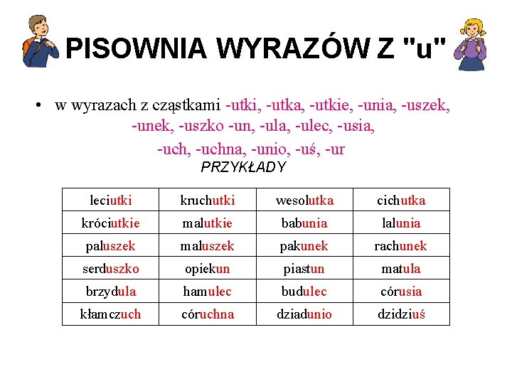 PISOWNIA WYRAZÓW Z "u" • w wyrazach z cząstkami -utki, -utka, -utkie, -unia, -uszek,