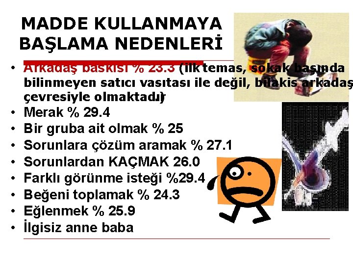 MADDE KULLANMAYA BAŞLAMA NEDENLERİ • Arkadaş baskısı % 23. 3 (ilk temas, sokak başında