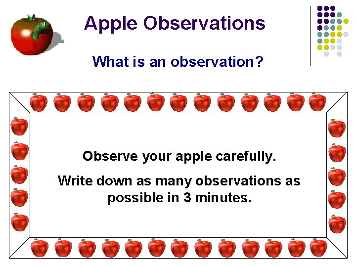 Apple Observations What is an observation? Observe your apple carefully. Write down as many