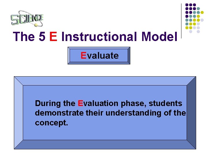 The 5 E Instructional Model Evaluate During the Evaluation phase, students demonstrate their understanding