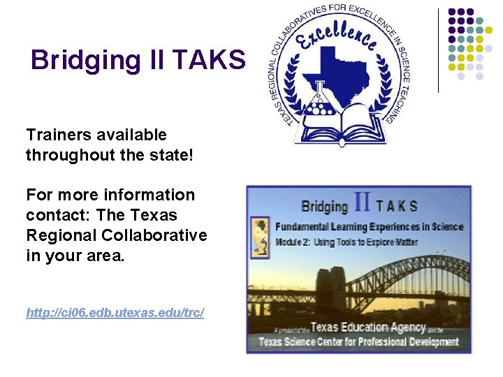 Bridging II TAKS Trainers available throughout the state! For more information contact: The Texas