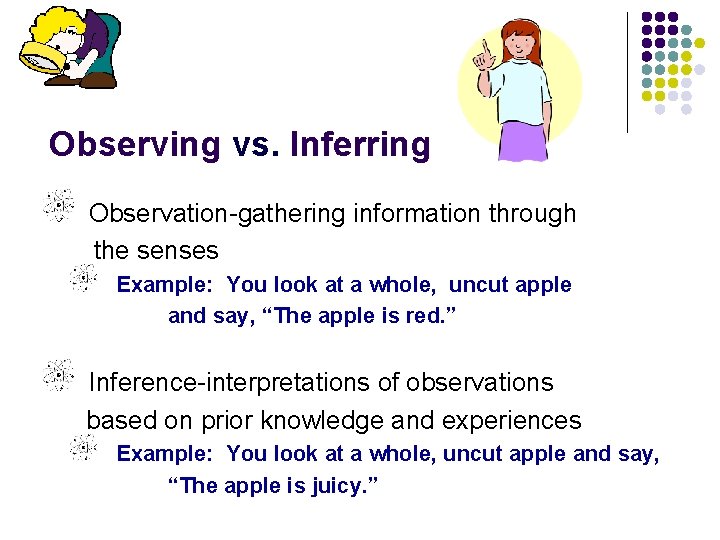 Observing vs. Inferring Observation-gathering information through the senses Example: You look at a whole,