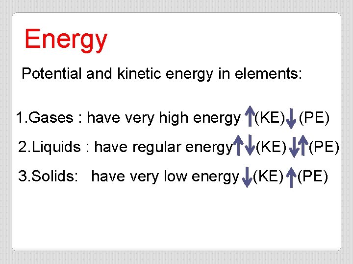 Energy Potential and kinetic energy in elements: 1. Gases : have very high energy