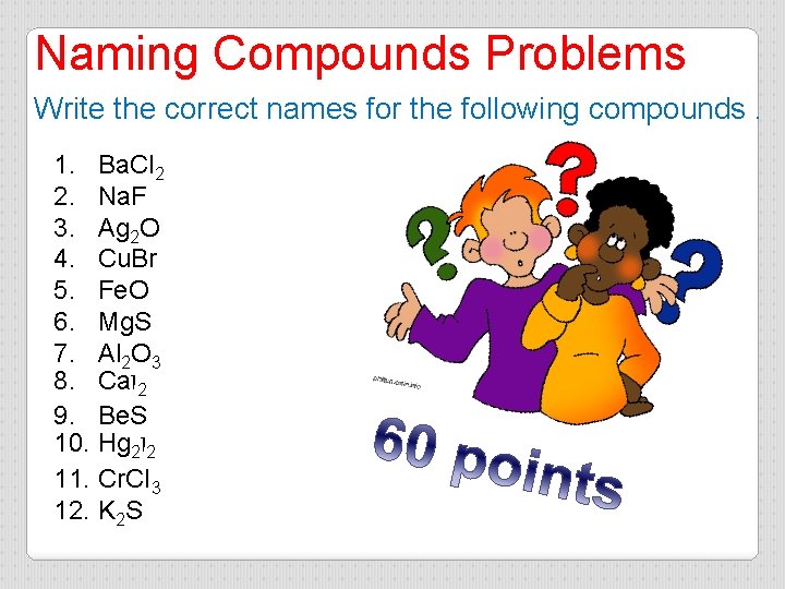 Naming Compounds Problems Write the correct names for the following compounds. 1. Ba. Cl