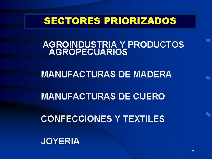 SECTORES PRIORIZADOS AGROINDUSTRIA Y PRODUCTOS AGROPECUARIOS MANUFACTURAS DE MADERA MANUFACTURAS DE CUERO CONFECCIONES Y