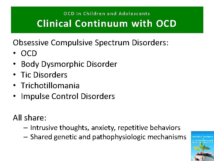 OCD in Children and Adolescents Clinical Continuum with OCD Obsessive Compulsive Spectrum Disorders: •