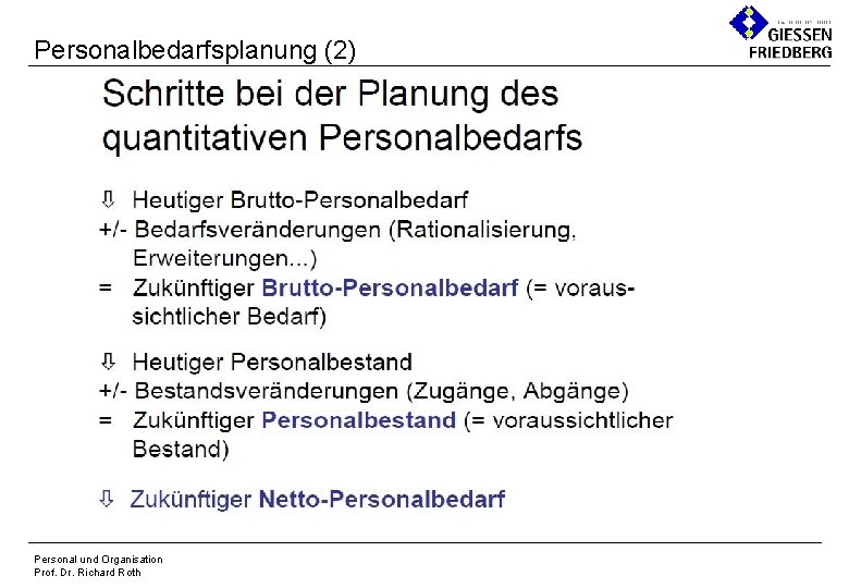 Personalbedarfsplanung (2) Personal und Organisation Prof. Dr. Richard Roth 