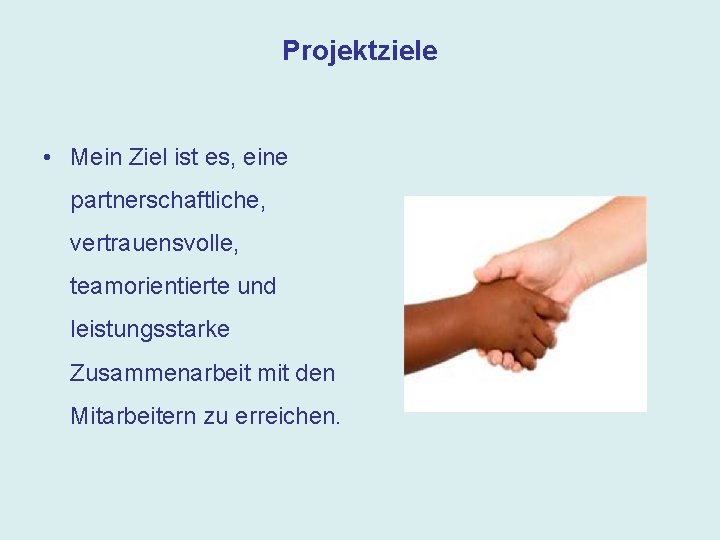 Projektziele • Mein Ziel ist es, eine partnerschaftliche, vertrauensvolle, teamorientierte und leistungsstarke Zusammenarbeit mit