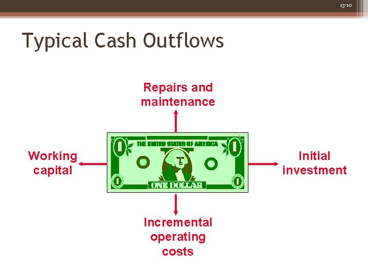 13 -10 Typical Cash Outflows Repairs and maintenance Working capital Initial investment Incremental operating