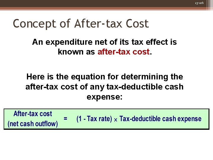 13 -106 Concept of After-tax Cost An expenditure net of its tax effect is