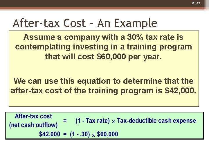 13 -107 After-tax Cost – An Example Assume a company with a 30% tax