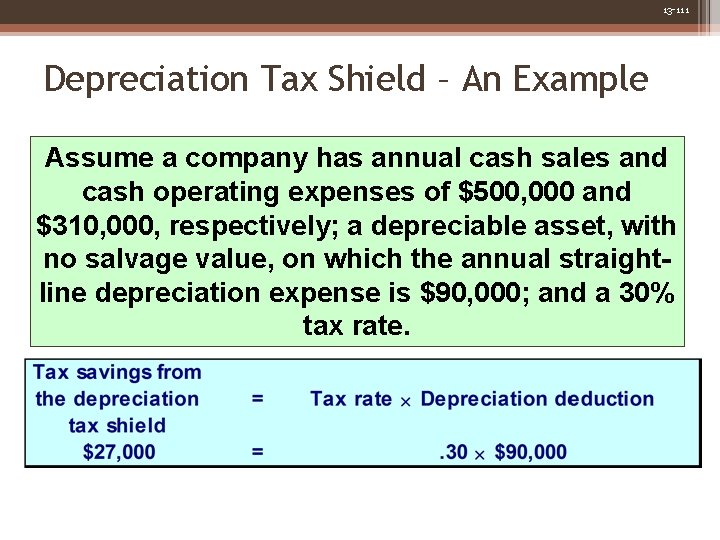 13 -111 Depreciation Tax Shield – An Example Assume a company has annual cash