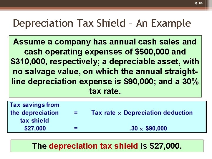 13 -112 Depreciation Tax Shield – An Example Assume a company has annual cash