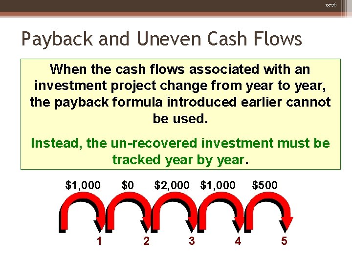 13 -76 Payback and Uneven Cash Flows When the cash flows associated with an