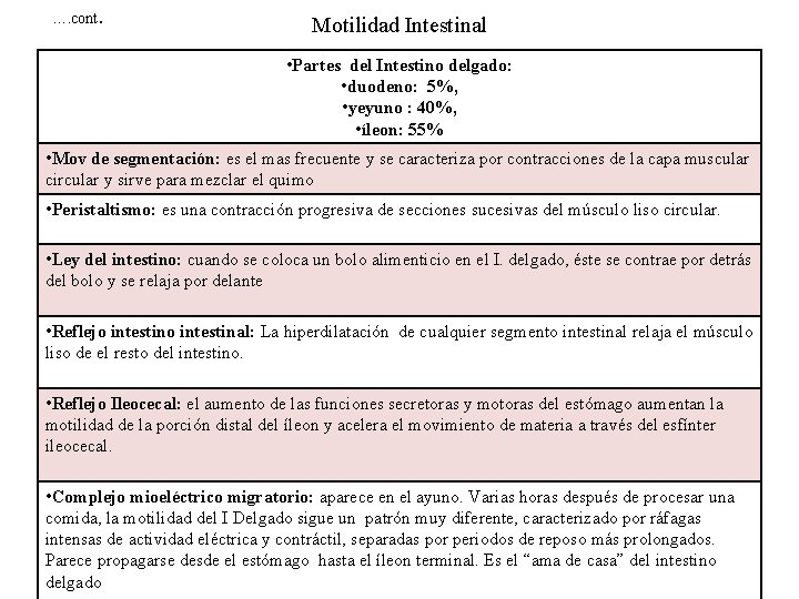 …. cont. Motilidad Intestinal • Partes del Intestino delgado: • duodeno: 5%, • yeyuno