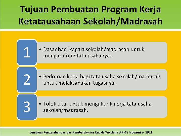 Tujuan Pembuatan Program Kerja Ketatausahaan Sekolah/Madrasah 1 • Dasar bagi kepala sekolah/madrasah untuk mengarahkan