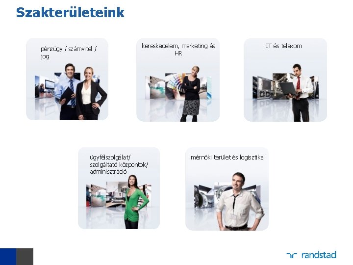 Szakterületeink pénzügy / számvitel / jog kereskedelem, marketing és HR ügyfélszolgálat/ szolgáltató központok/ adminisztráció