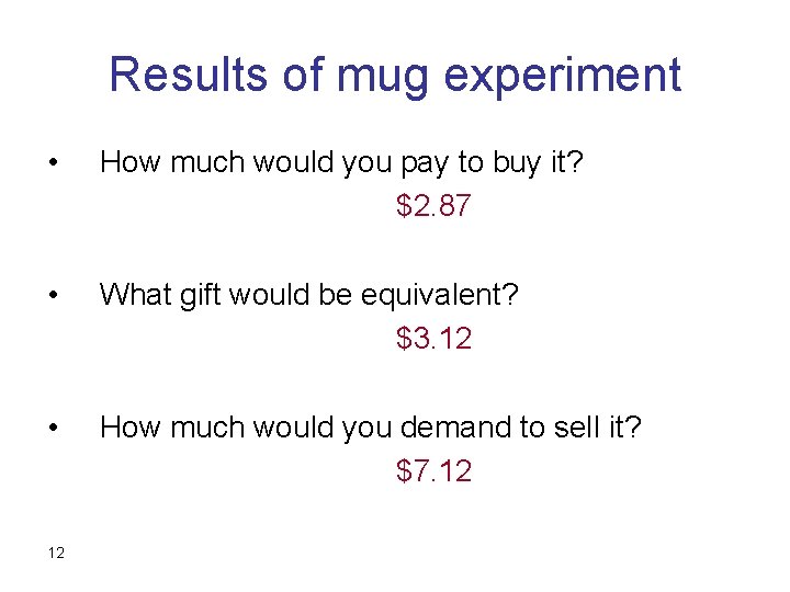 Results of mug experiment • How much would you pay to buy it? $2.