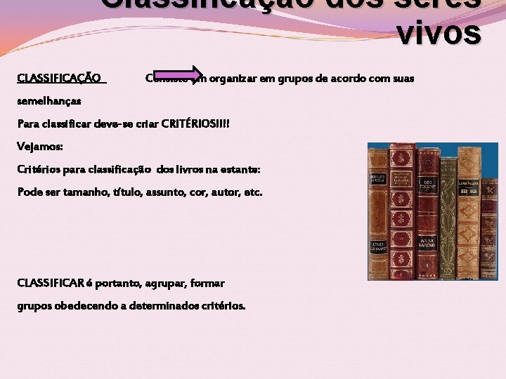 Classificação dos seres vivos CLASSIFICAÇÃO Consiste em organizar em grupos de acordo com suas