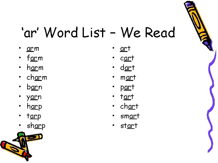 ‘ar’ Word List – We Read • • • arm farm harm charm barn