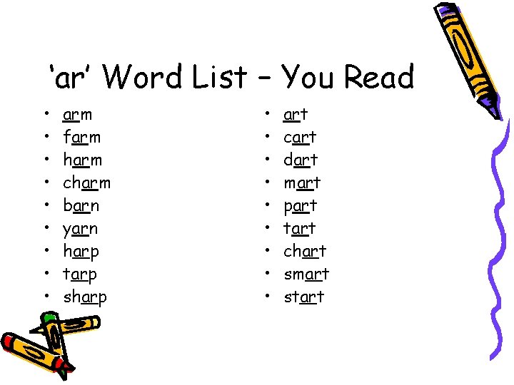 ‘ar’ Word List – You Read • • • arm farm harm charm barn