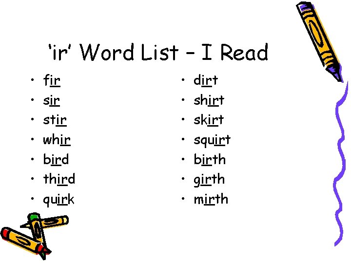‘ir’ Word List – I Read • • fir stir whir bird third quirk