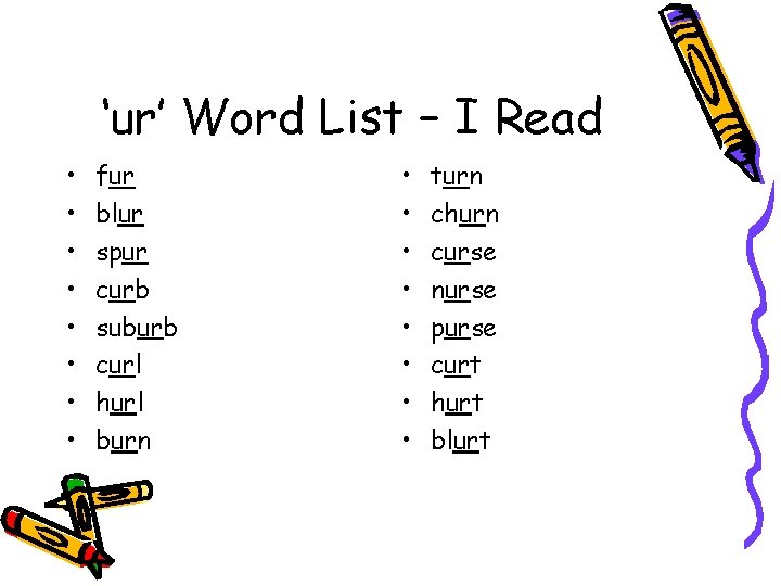 ‘ur’ Word List – I Read • • fur blur spur curb suburb curl