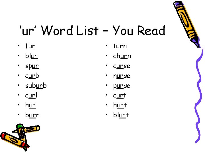 ‘ur’ Word List – You Read • • fur blur spur curb suburb curl