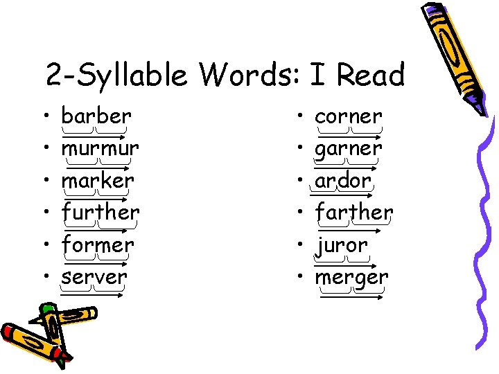 2 -Syllable Words: I Read • • • barber murmur marker further former server