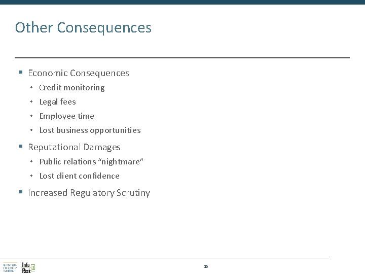 Other Consequences § Economic Consequences • Credit monitoring • Legal fees • Employee time