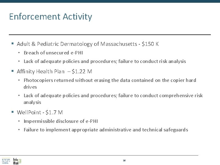 Enforcement Activity § Adult & Pediatric Dermatology of Massachusetts - $150 K • Breach