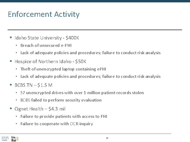 Enforcement Activity § Idaho State University - $400 K • Breach of unsecured e-PHI