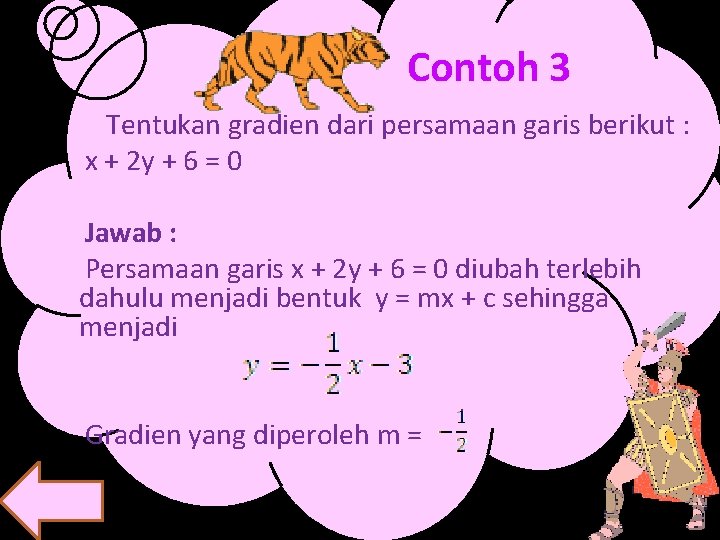 Contoh 3 Tentukan gradien dari persamaan garis berikut : x + 2 y +